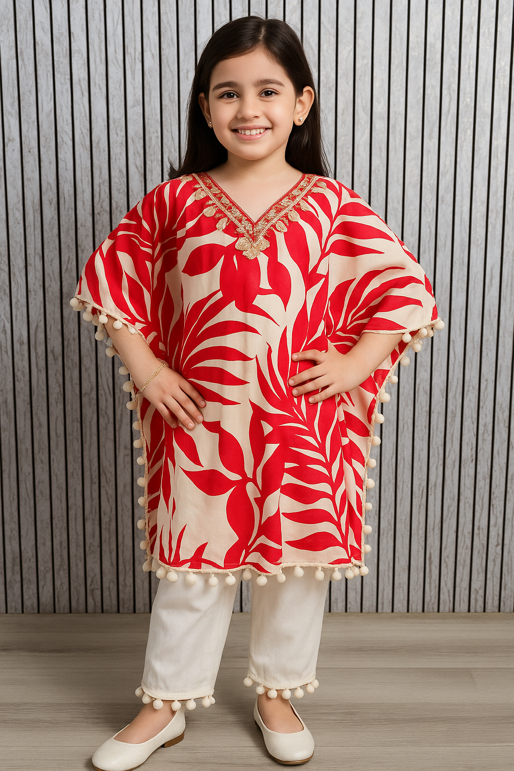 Girls Kaftan Style Co-ord Set with Pom-Pom Lace | Heavy Rayon Fabric | Sizes 22-32