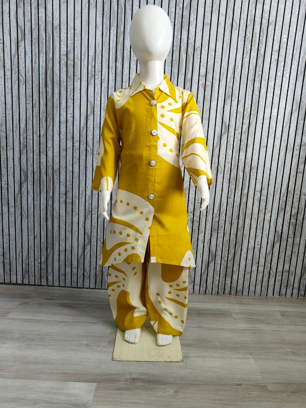 Girls Mustard & White Printed Kurta Co-ord Set | Cotton Reyon Kids Wear (Ages 3-12 Years)
