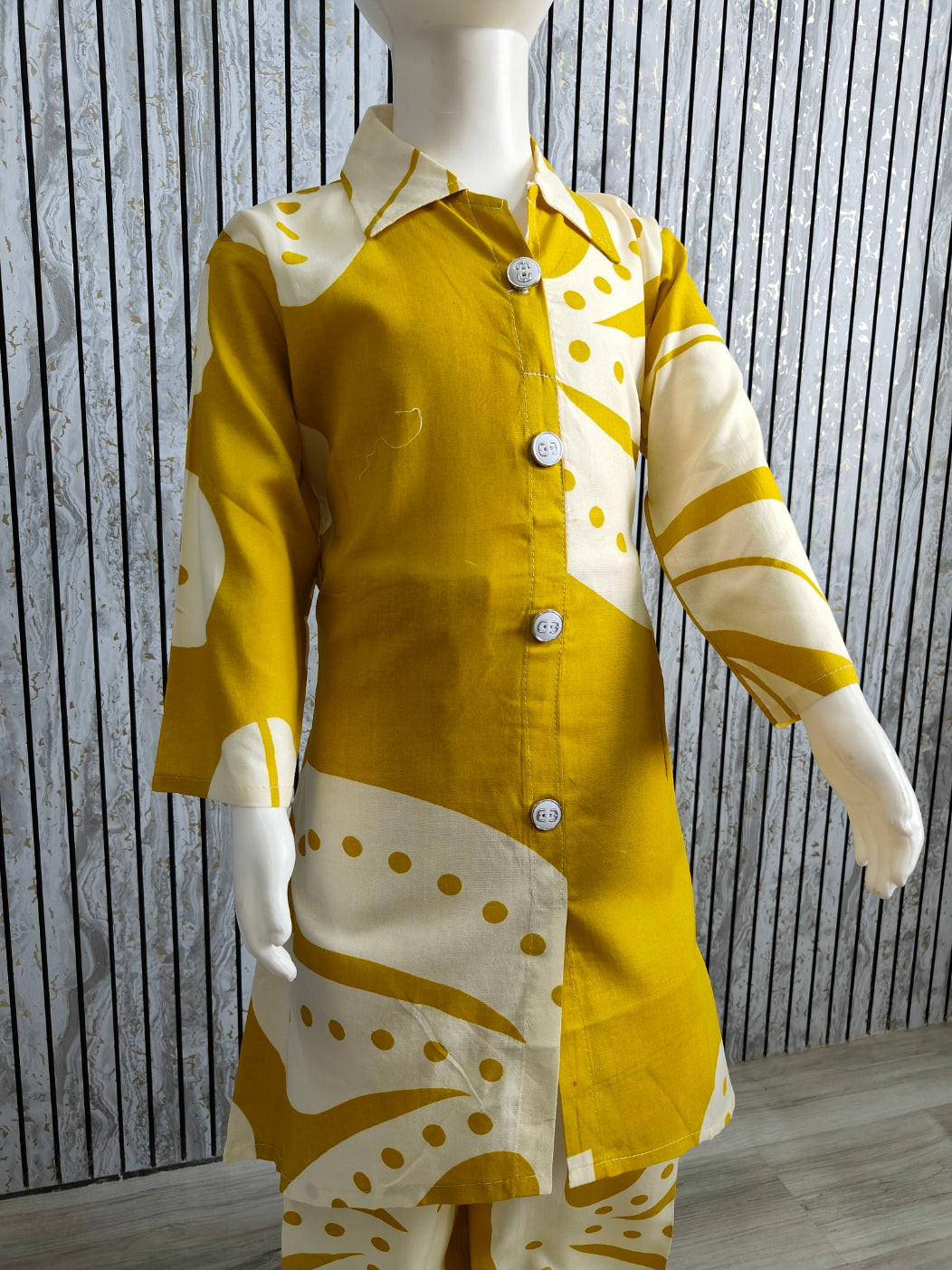 Girls Mustard & White Printed Kurta Co-ord Set | Cotton Reyon Kids Wear (Ages 3-12 Years)