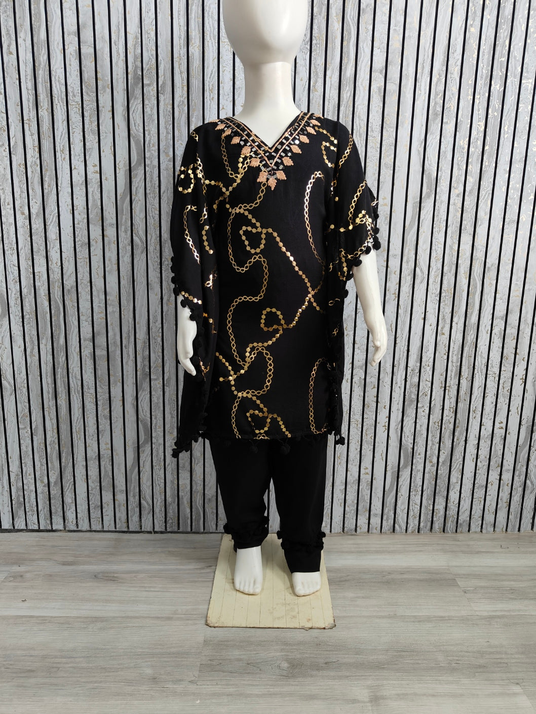 Girls Kaftan Style Co-ord Set with Pom-Pom Lace | Heavy Rayon Fabric | Sizes 22-32