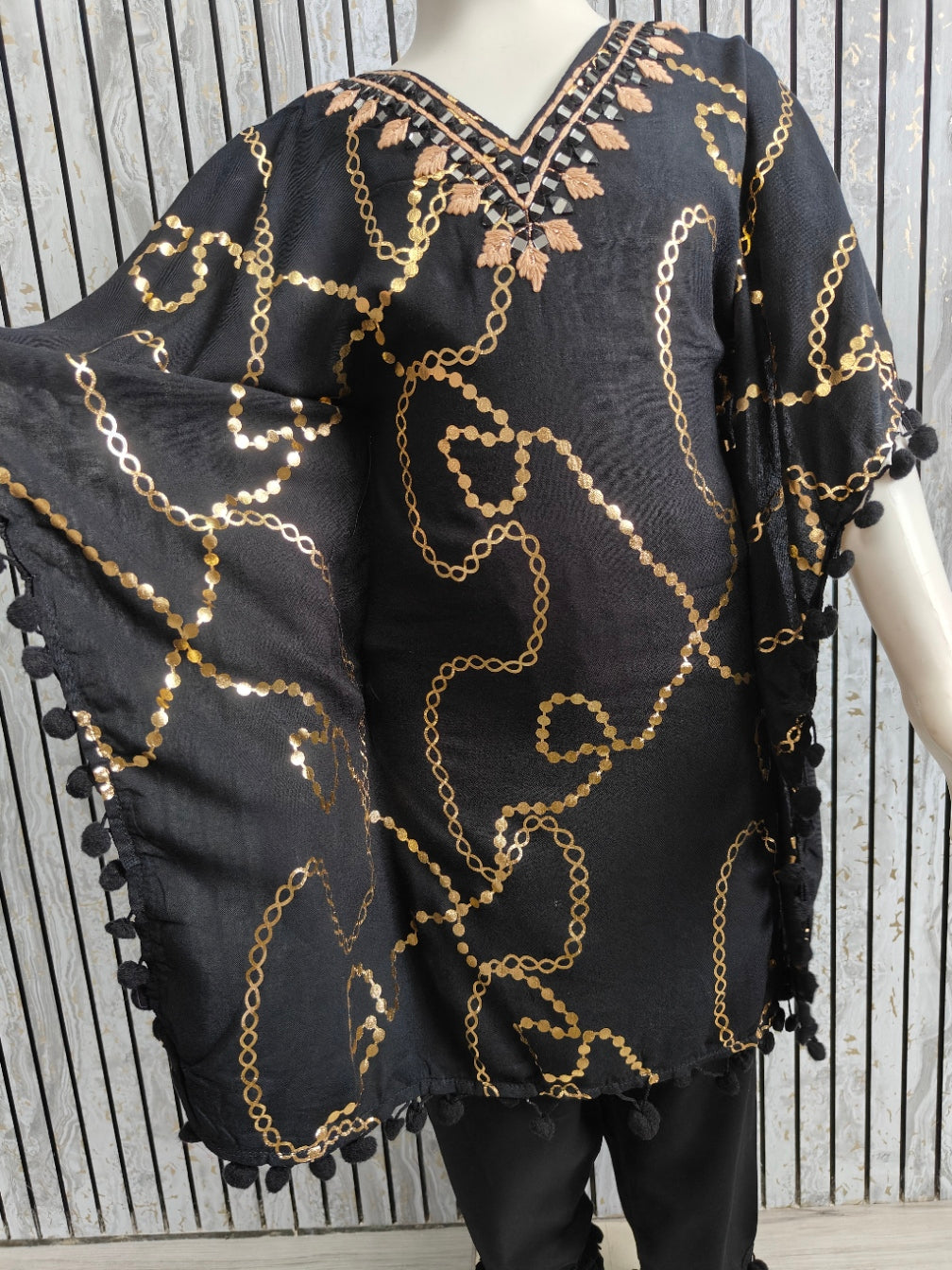 Girls Kaftan Style Co-ord Set with Pom-Pom Lace | Heavy Rayon Fabric | Sizes 22-32