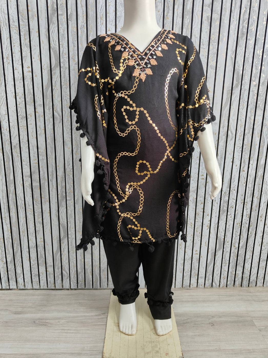 Girls Kaftan Style Co-ord Set with Pom-Pom Lace | Heavy Rayon Fabric | Sizes 22-32