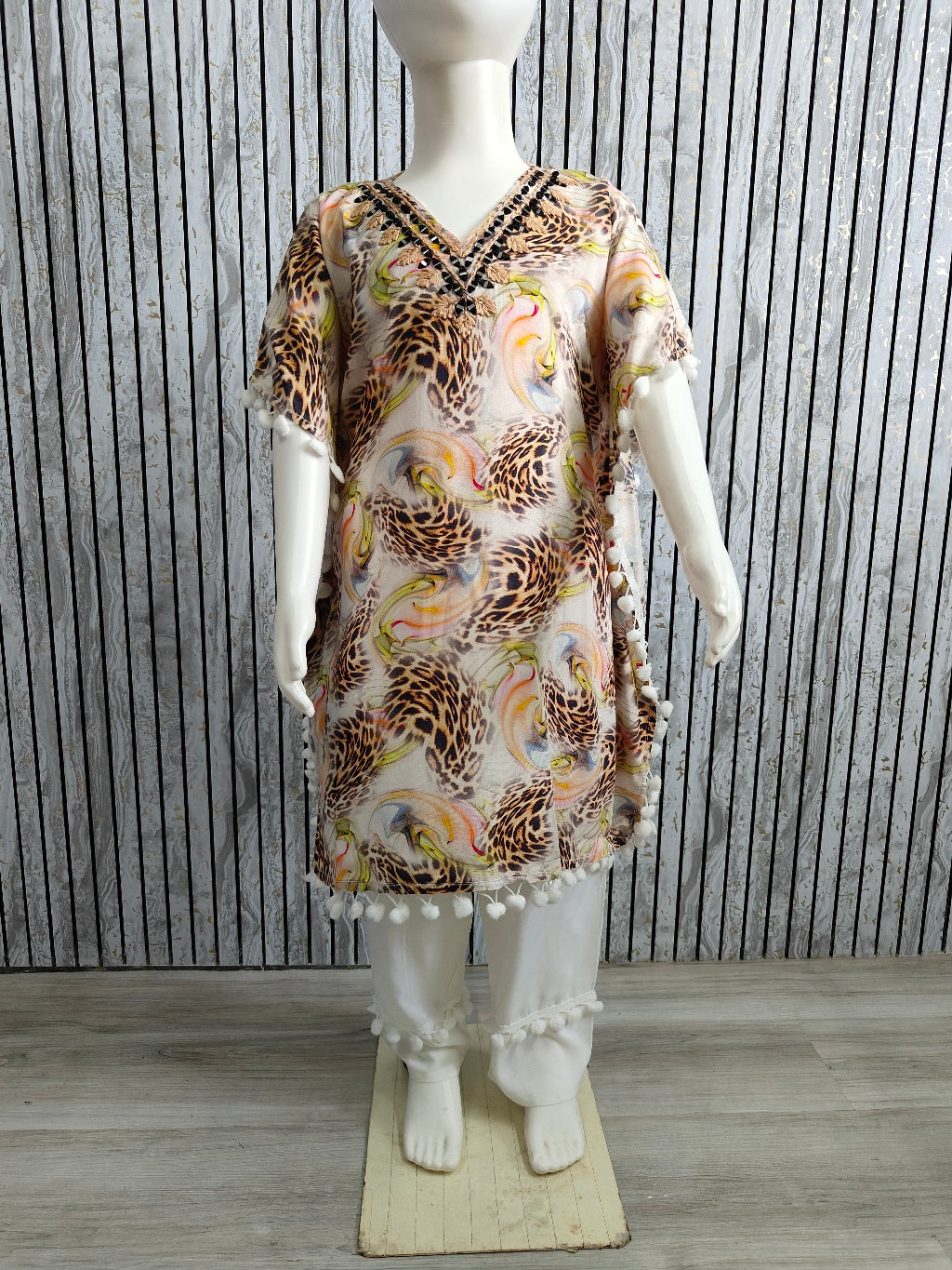 Girls Kaftan Style Co-ord Set with Pom-Pom Lace | Heavy Rayon Fabric | Sizes 22-32