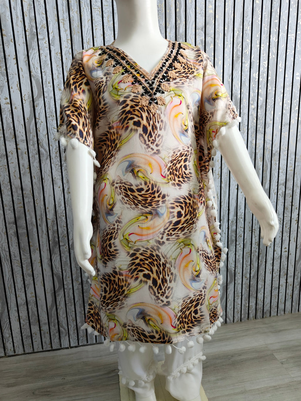 Girls Kaftan Style Co-ord Set with Pom-Pom Lace | Heavy Rayon Fabric | Sizes 22-32