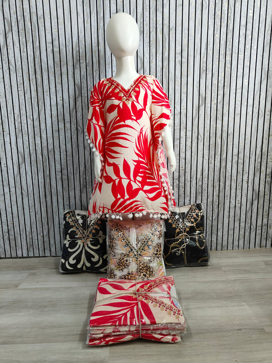 Girls Kaftan Style Co-ord Set with Pom-Pom Lace | Heavy Rayon Fabric | Sizes 22-32