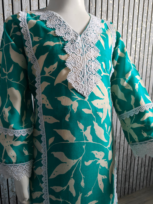 Girls' Floral Teal with White Lace Work Co-Ord Set (Age 4-13, Size 24-34)
