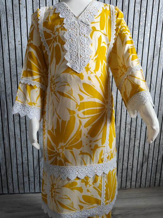 Girls' Floral Yellow White Lace Work Co-Ord Set (Age 4-13, Size 24-34)