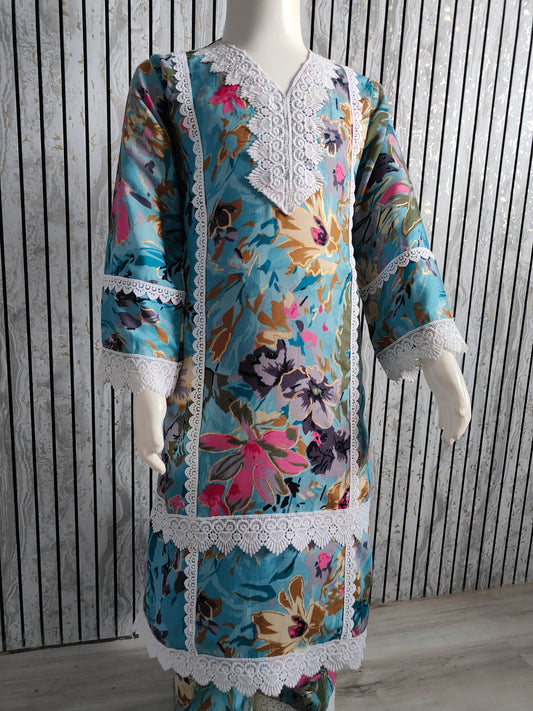 Girls' Floral Turquoise Blue with White Lace Work Co-Ord Set (Age 4-13, Size 24-34)
