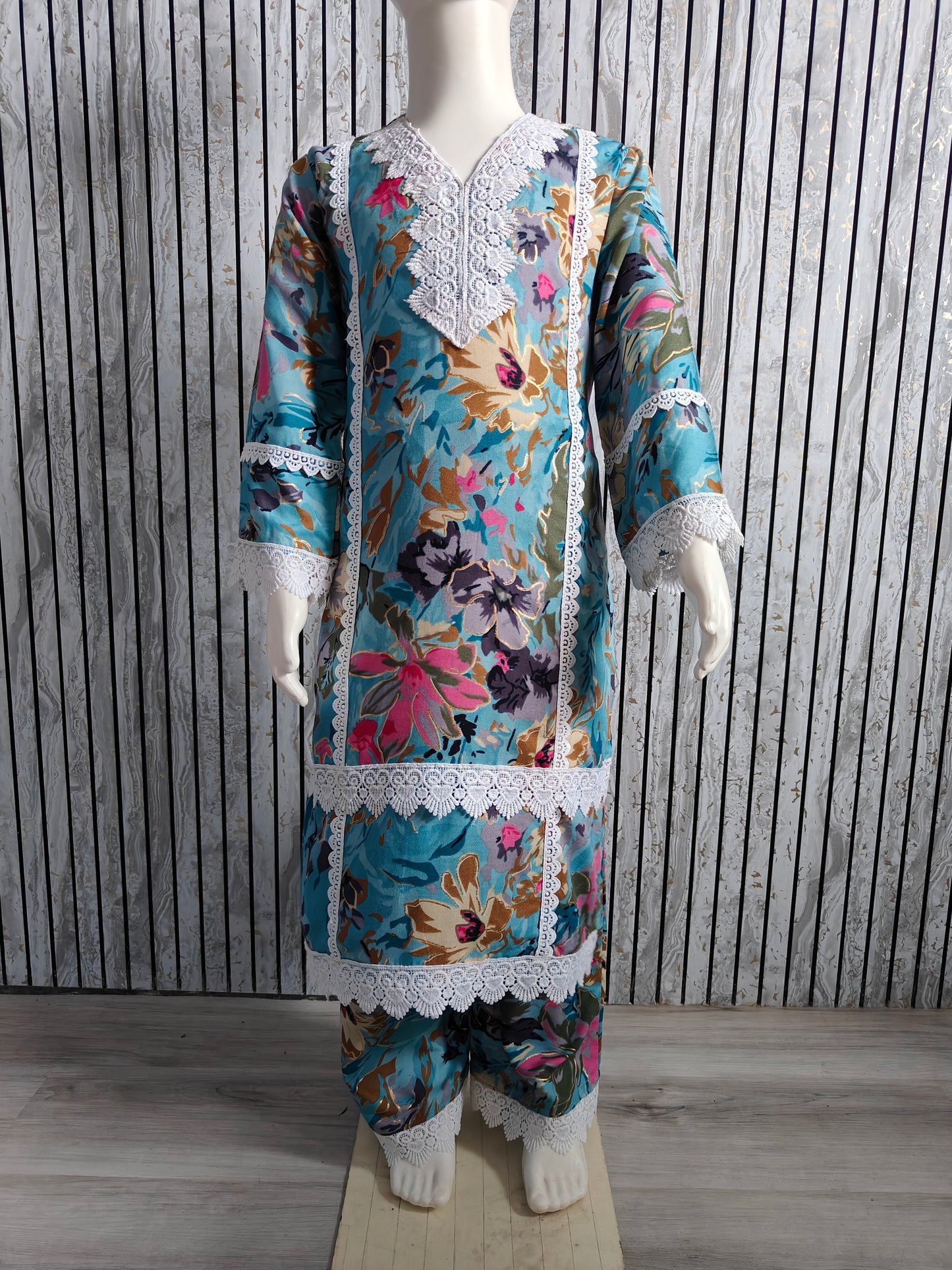 Girls' Floral Turquoise Blue with White Lace Work Co-Ord Set (Age 4-13, Size 24-34)