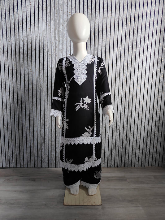 Girls' Floral Black with White Lace Work Co-Ord Set (Age 4-13, Size 24-34)