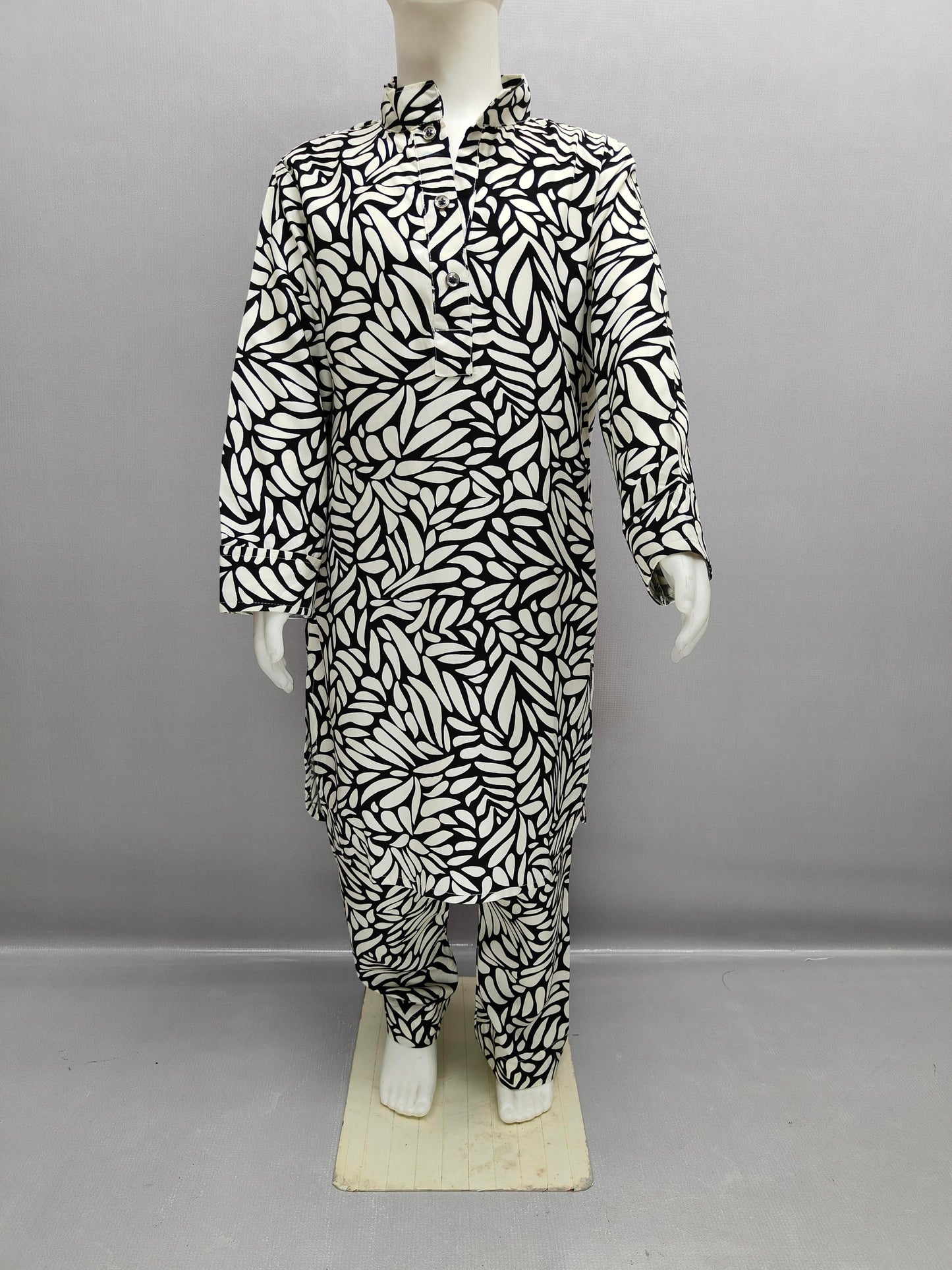 Monochrome Leaf Kurta Style Co-Ord Set for Girls – Heavy Reyon Edition