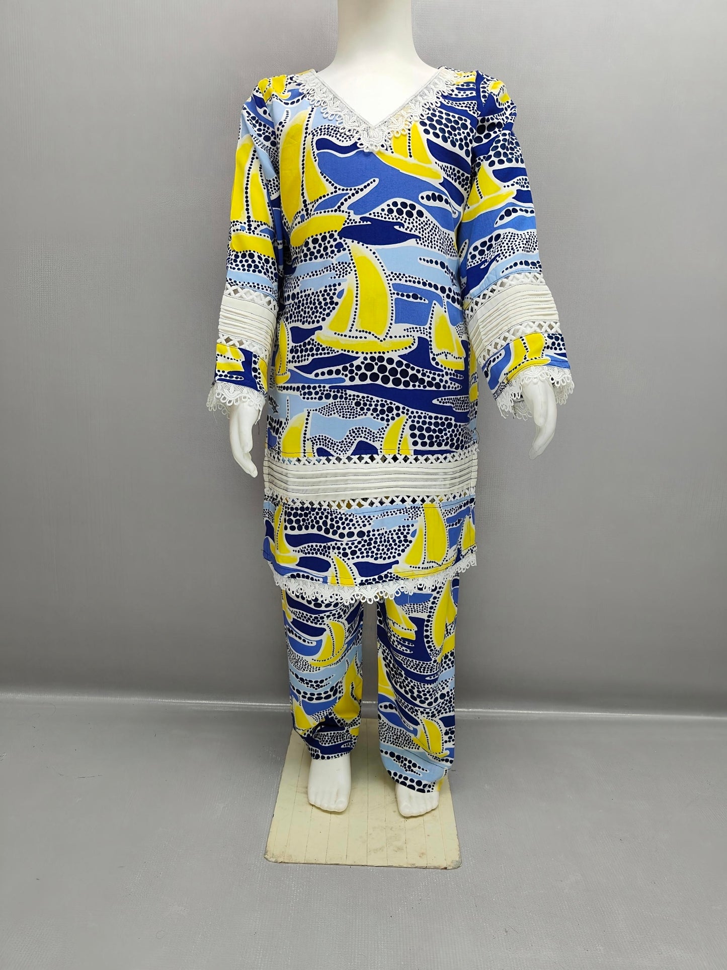 Nautical Breeze Pintex & Lace Work Kurta Style Co-Ord Set for Girls