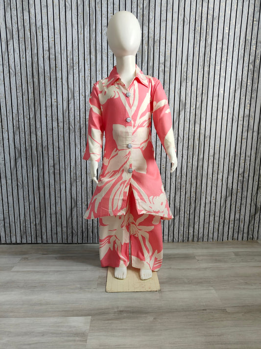 Girls Pink & White Printed Kurta Co-ord Set | Cotton Reyon Stylish Kids Wear (Ages 3-13 Years)