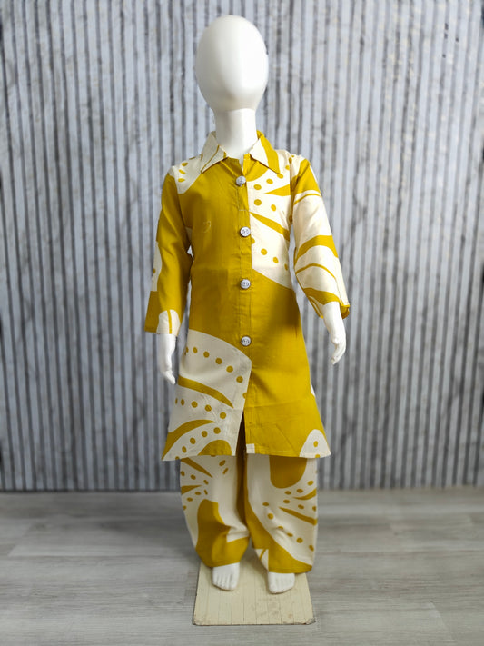 Girls Mustard & White Printed Kurta Co-ord Set | Cotton Reyon Kids Wear (Ages 3-12 Years)