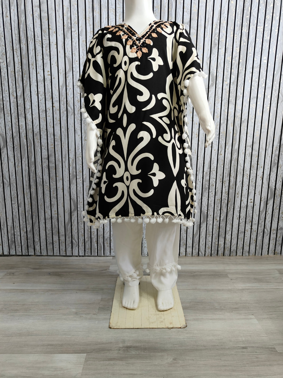 Girls Kaftan Style Co-ord Set with Pom-Pom Lace | Heavy Rayon Fabric | Sizes 22-32