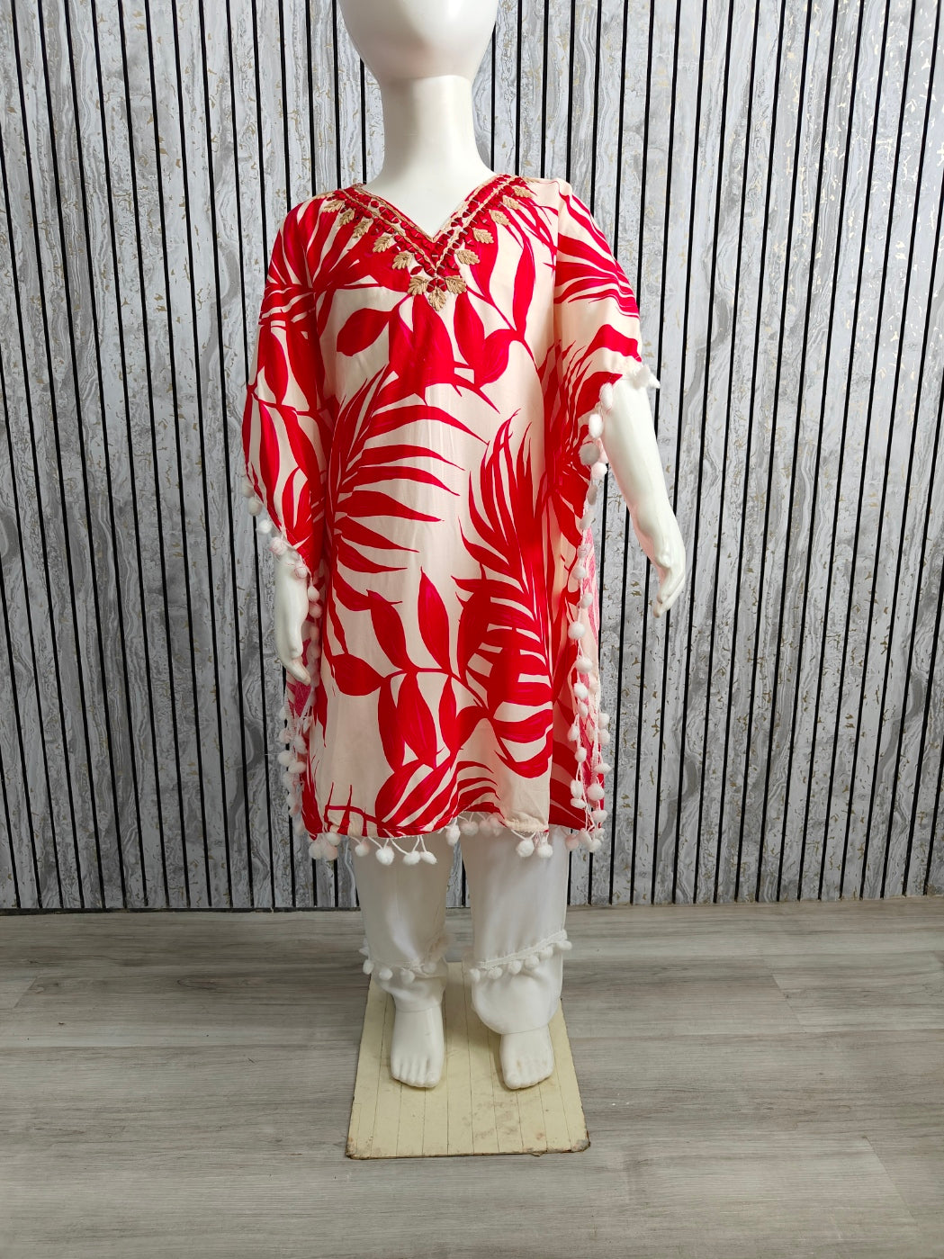 Girls Kaftan Style Co-ord Set with Pom-Pom Lace | Heavy Rayon Fabric | Sizes 22-32