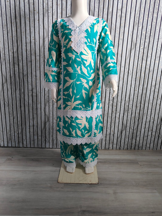 Girls' Floral Teal with White Lace Work Co-Ord Set (Age 4-13, Size 24-34)