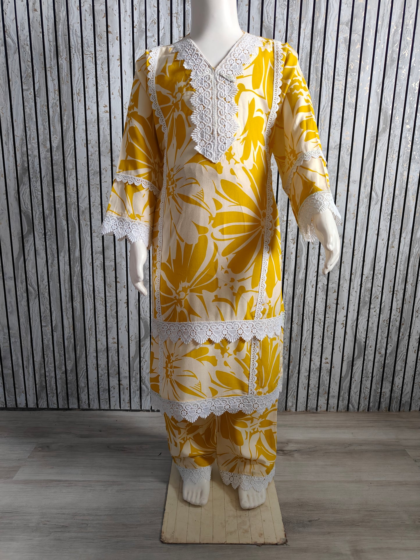 Girls' Floral Yellow White Lace Work Co-Ord Set (Age 4-13, Size 24-34)