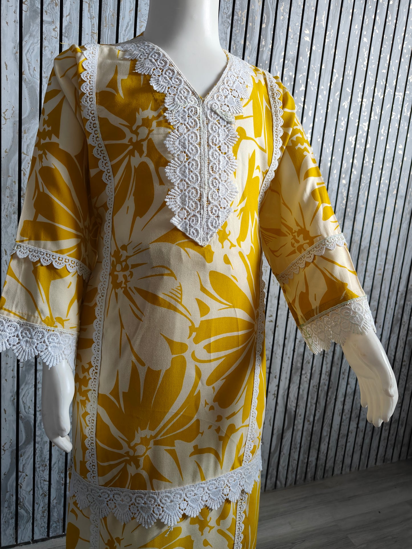 Girls' Floral Yellow White Lace Work Co-Ord Set (Age 4-13, Size 24-34)