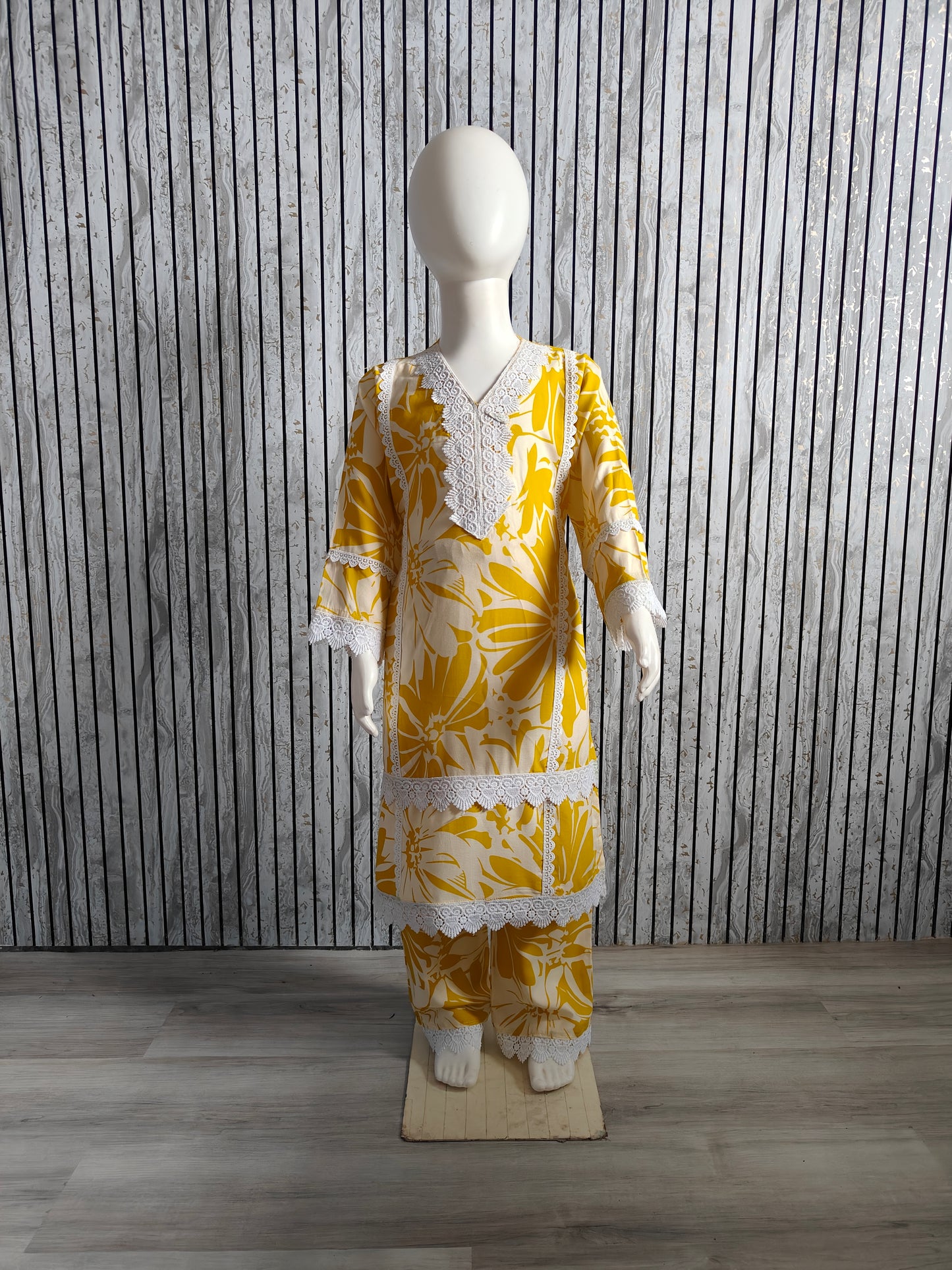 Girls' Floral Yellow White Lace Work Co-Ord Set (Age 4-13, Size 24-34)