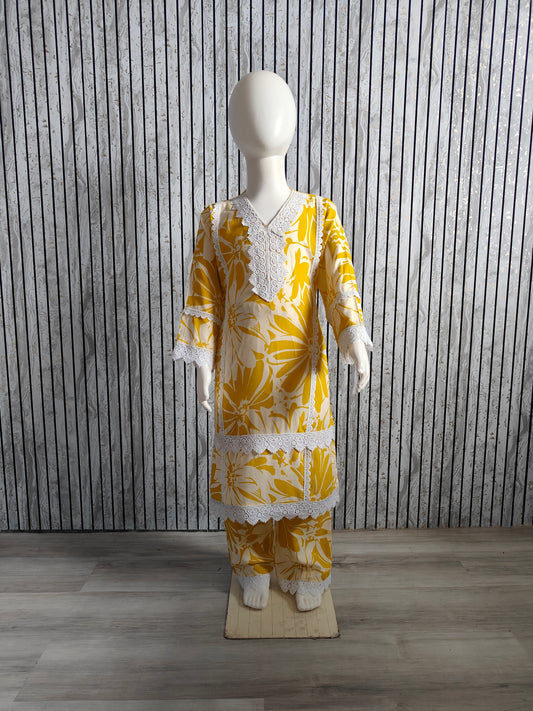 Girls' Floral Yellow White Lace Work Co-Ord Set (Age 4-13, Size 24-34)