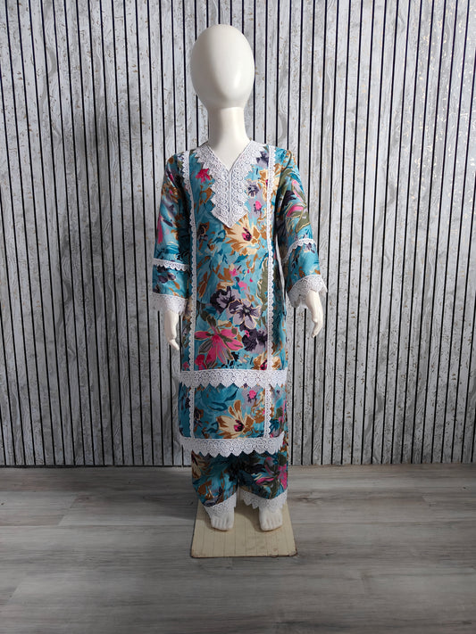 Girls' Floral Turquoise Blue with White Lace Work Co-Ord Set (Age 4-13, Size 24-34)