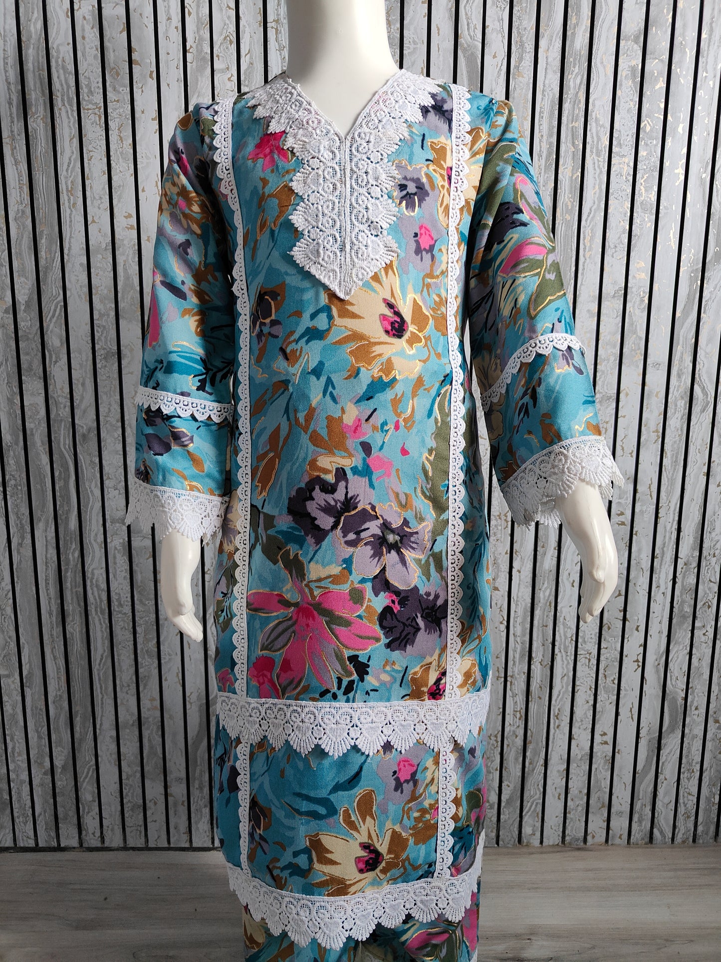 Girls' Floral Turquoise Blue with White Lace Work Co-Ord Set (Age 4-13, Size 24-34)