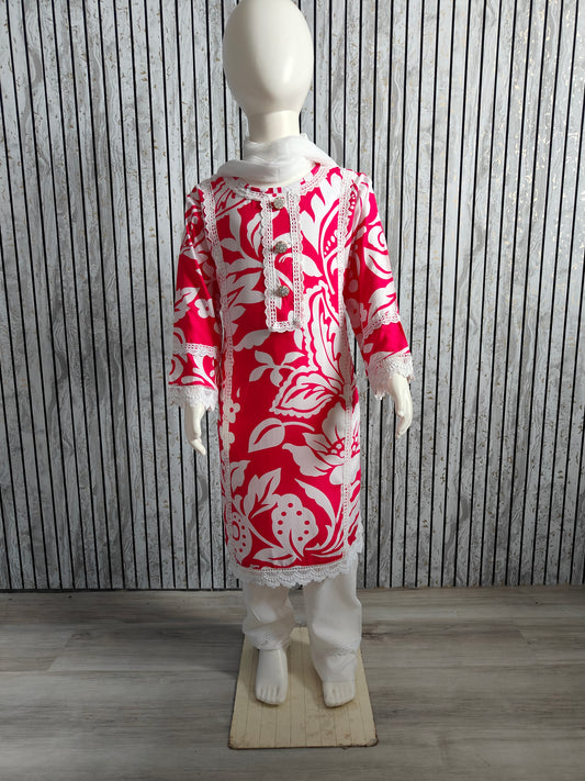 Elegant Girls Lace Work Red Dress Set with Dupatta – Festive Kurta pant Collection (Age 4-13, Size 24-34)