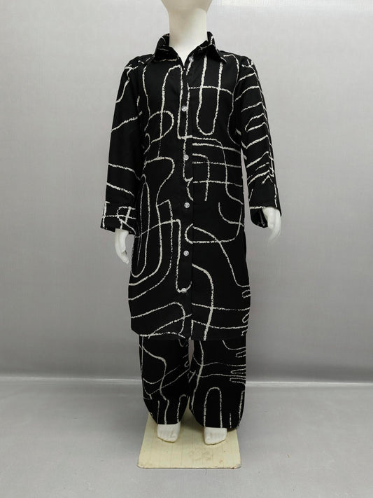Urban White Lines Black Kurta Kids Co-ord Set for Girls age 3-13 Years