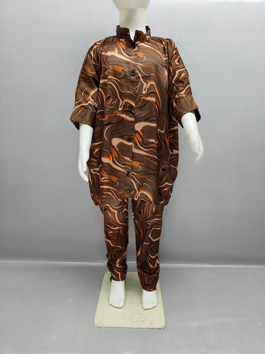 Chocolate Swirl Satin Kaftan Shirt Co-ord Set for Girls (3–13 Years)