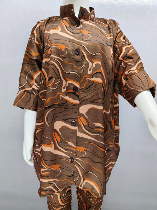 Chocolate Swirl Satin Kaftan Shirt Co-ord Set for Girls (3–13 Years)