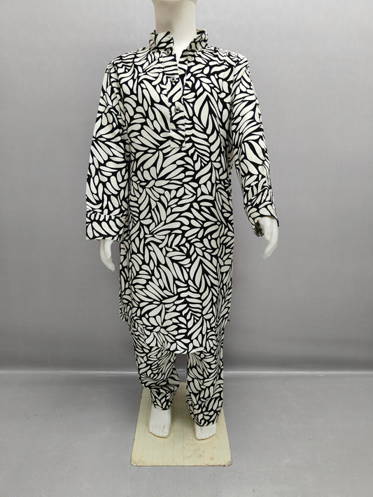 Monochrome Leaf Kurta Style Co-Ord Set for Girls – Heavy Reyon Edition