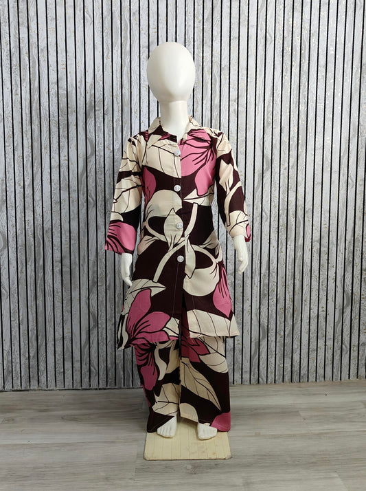 Girls Brown & Pink Floral Printed Kurta Co-ord Set | Cotton Kids Wear (Ages 3-13 Years)