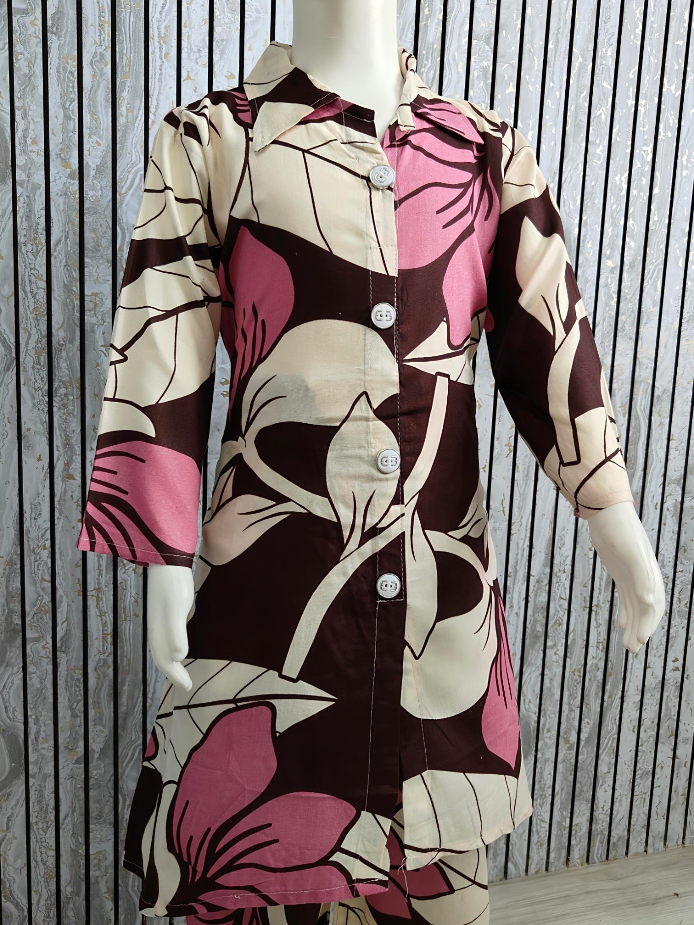 Girls Brown & Pink Floral Printed Kurta Co-ord Set | Cotton Kids Wear (Ages 3-13 Years)